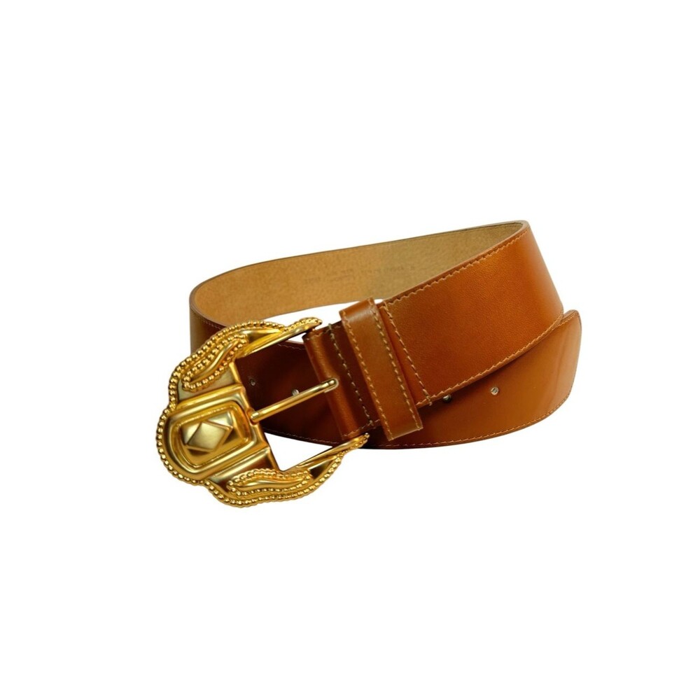 ANNE KLEIN for Oroton Wide Shaped Brown Leather Belt Brushed Gold Buckle Sz M